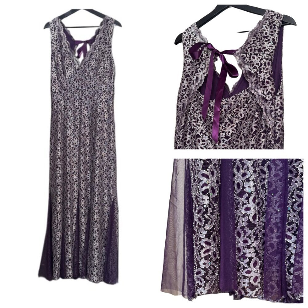 VTG Y2K NWT Candalite Purple Silver Sequin Lace Formal Maxi Slip Dress Gown LRG